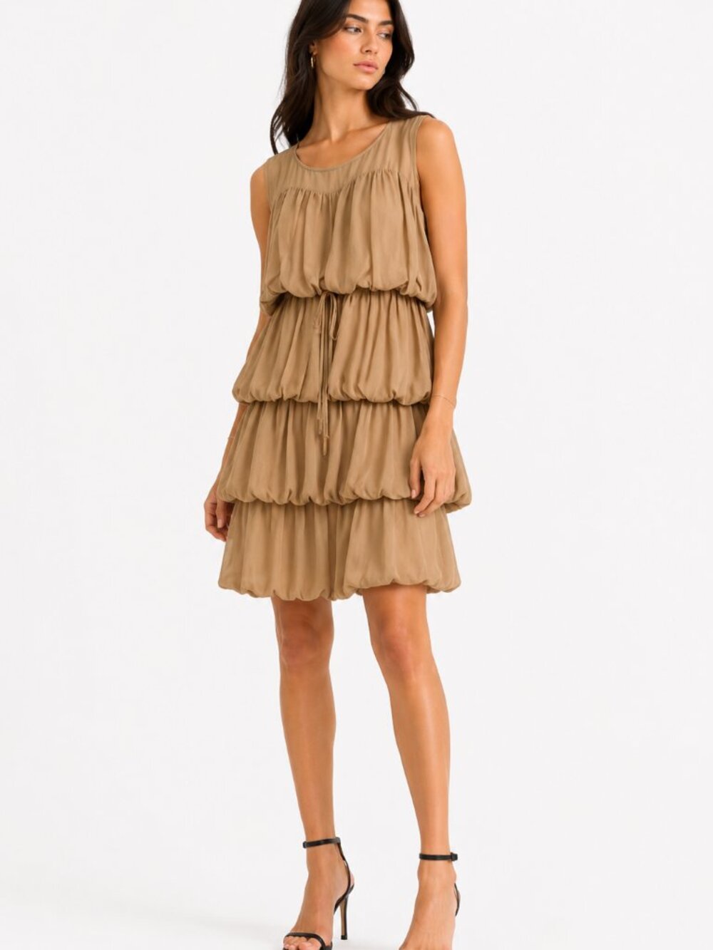 NWT ZARA BEIGE NUDE 100% SILK PUFFY LAYERED MINI SLEEVELESS DRESS - XS